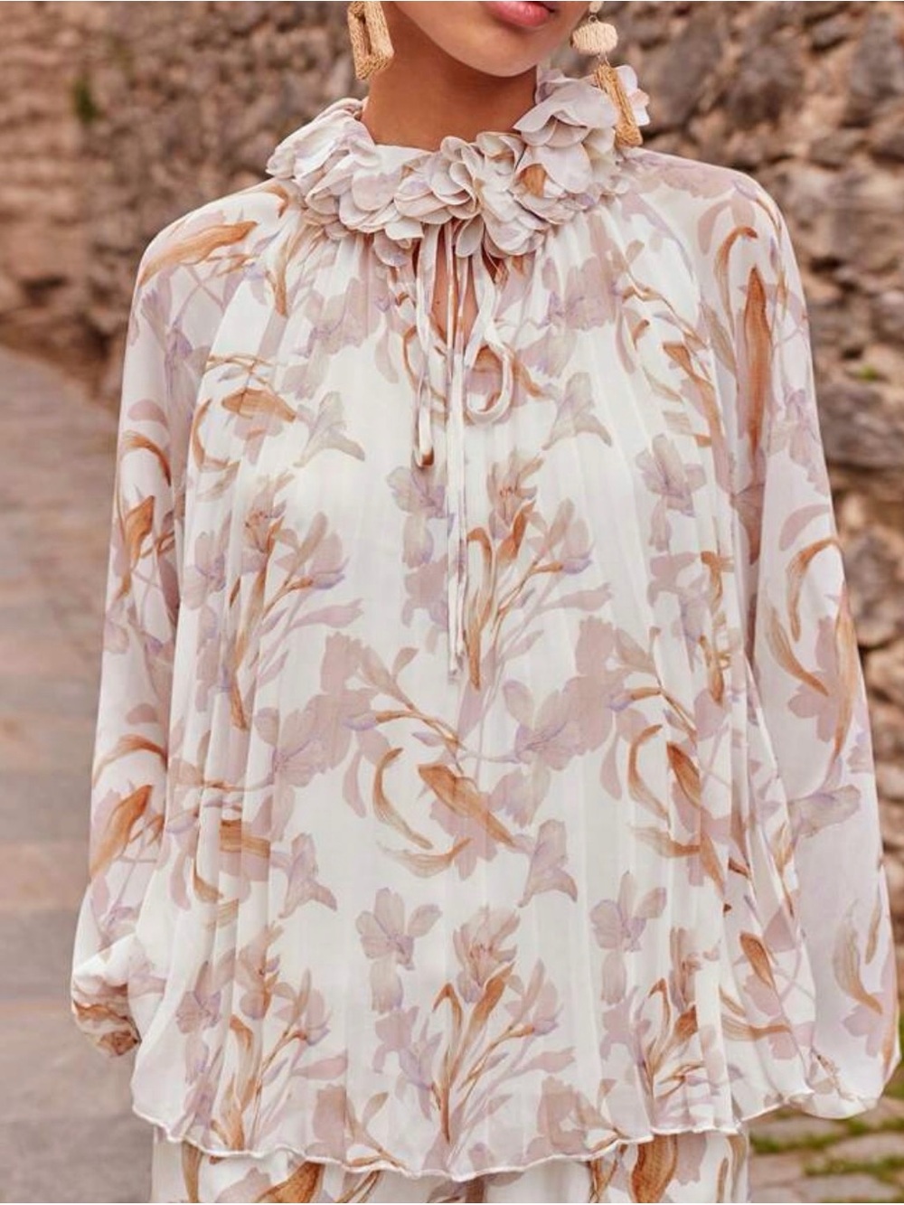 Romantic Tie-Neck Floral Blouse in Soft Blush